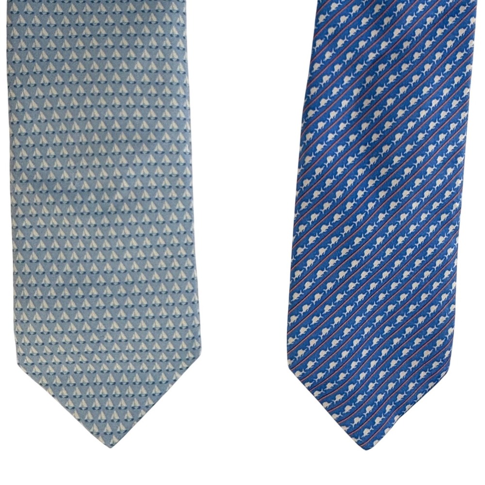 Vineyard Vines Mens Silk Ties Set of 2‎ Sailboat Fish Pattern Blue Lot of 2